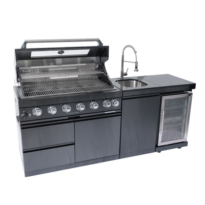 CheryLife 82-Inch 6-Burner 85000 BTU Propane Gas Outdoor Kitchen Island Grill – All-in-One Prefab BBQ Station with Wine Cooler, Compact Refrigerator, Rotisserie Kit, Granite Countertops & Stainless Steel Sink