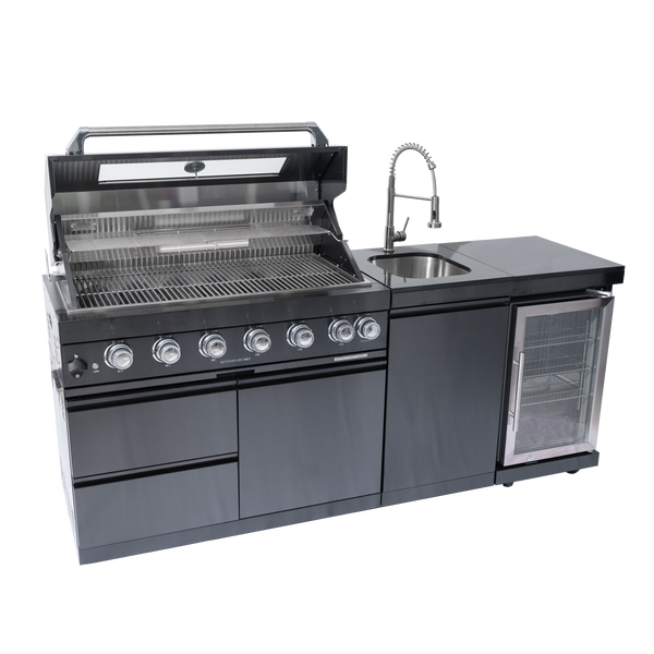CheryLife 82-Inch 6-Burner 85000 BTU Propane Gas Outdoor Kitchen Island Grill – All-in-One Prefab BBQ Station with Wine Cooler, Compact Refrigerator, Rotisserie Kit, Granite Countertops & Stainless Steel Sink