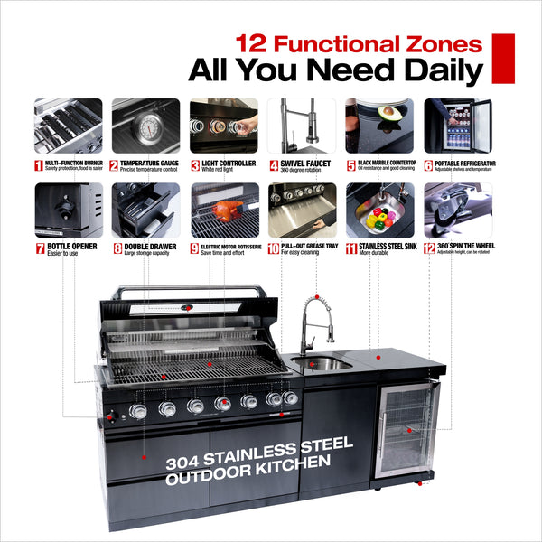 CheryLife 82-Inch 6-Burner 85000 BTU Propane Gas Outdoor Kitchen Island Grill – All-in-One Prefab BBQ Station with Wine Cooler, Compact Refrigerator, Rotisserie Kit, Granite Countertops & Stainless Steel Sink
