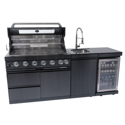 CheryLife 82-Inch 6-Burner 85000 BTU Propane Gas Outdoor Kitchen Island Grill – All-in-One Prefab BBQ Station with Wine Cooler, Compact Refrigerator, Rotisserie Kit, Granite Countertops & Stainless Steel Sink
