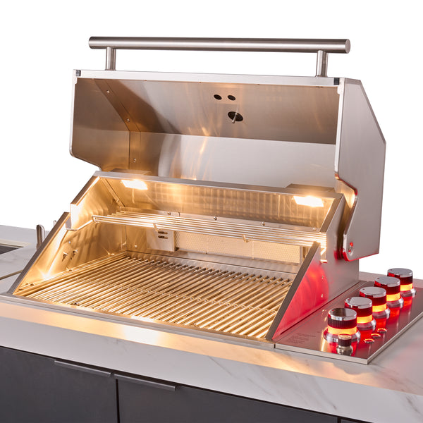 Forno Rimini Outdoor Kitchen: 30" BBQ 62,600 BTU, 4.8 cu.ft. Refrigerators, White Countertops