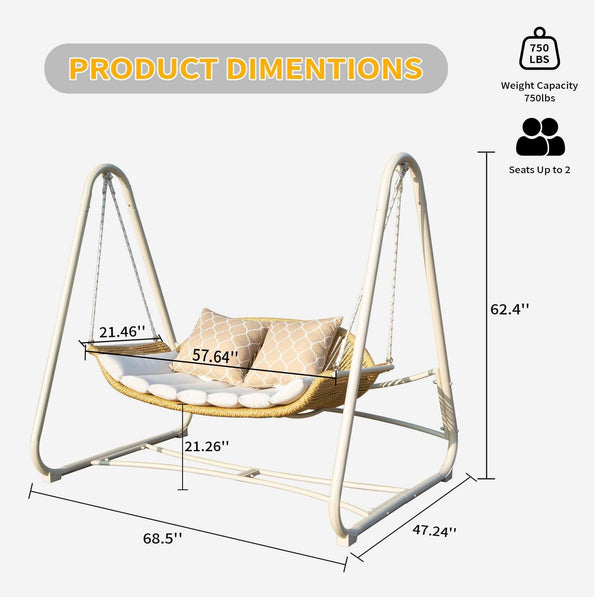 Outdoor Patio Porch Swing, 2-Seat Hanging Swing Chair