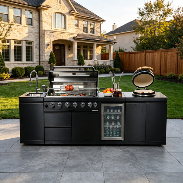 Cherylife SC2430A 115-Inch 6-Burner 85,000 BTU Gas Grill Island with 18" Kamado Charcoal Grill – Outdoor Kitchen with Wine Cooler, Refrigerator, Rotisserie, Granite Countertops & Storage