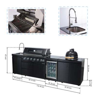 Cherylife SC2430A 115-Inch 6-Burner 85,000 BTU Gas Grill Island with 18" Kamado Charcoal Grill – Outdoor Kitchen with Wine Cooler, Refrigerator, Rotisserie, Granite Countertops & Storage