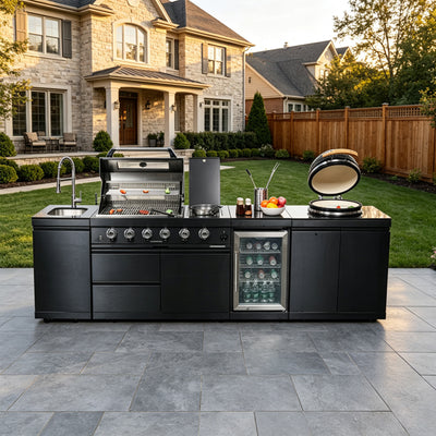 Cherylife SC2430A 118-Inch 72,000 BTU Gas Grill Island with 18" Kamado Charcoal Grill – Outdoor Kitchen with Wine Cooler, Refrigerator, Rotisserie, Granite Countertops & Storage