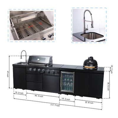 Cherylife SC2430A 118-Inch 72,000 BTU Gas Grill Island with 18" Kamado Charcoal Grill – Outdoor Kitchen with Wine Cooler, Refrigerator, Rotisserie, Granite Countertops & Storage