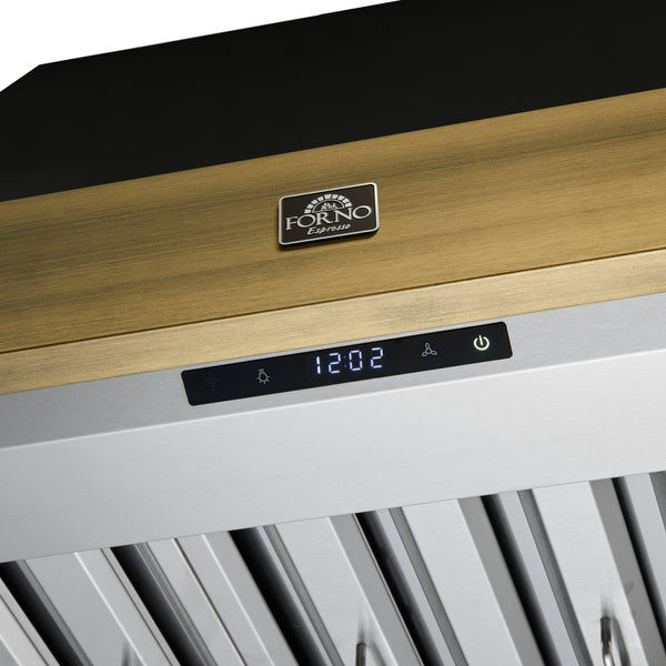 Forno Vittorio 36-Inch Wall Mount Range Hood, Black with Antique Brass Trim, 424 CFM Airflow, Dishwasher-Safe Baffle Filters, Remote Control, 3-Speed Fan, Bright LED Lighting.