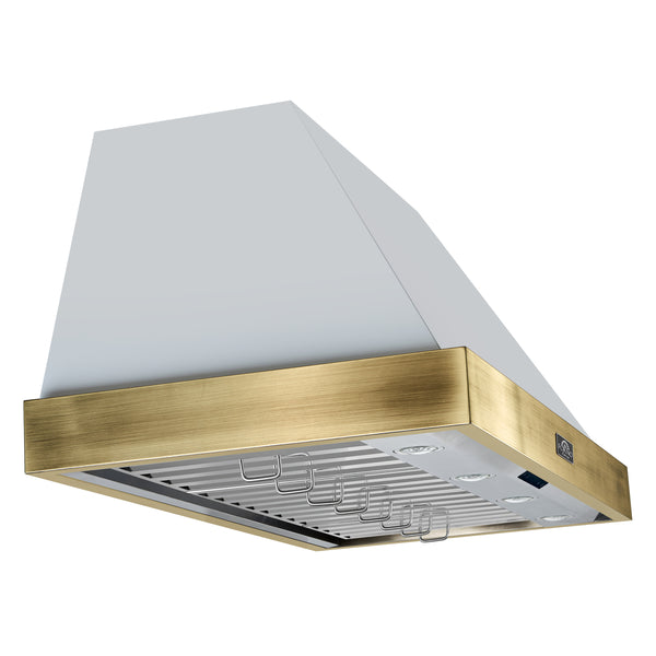 Forno Vittorio 48-Inch Wall Mount Range Hood, White with Antique Brass Trim, 424 CFM Airflow, Dishwasher-Safe Baffle Filters, Remote Control, 3-Speed Fan, Bright LED Lighting