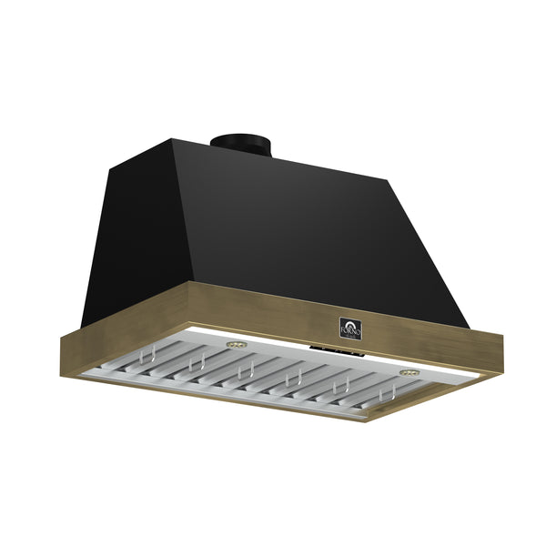 Forno Vittorio 36-Inch Wall Mount Range Hood, Black with Antique Brass Trim, 424 CFM Airflow, Dishwasher-Safe Baffle Filters, Remote Control, 3-Speed Fan, Bright LED Lighting.