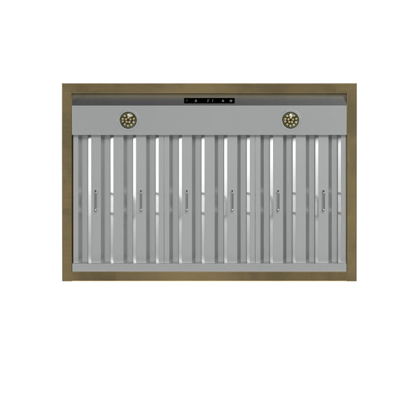 Forno Vittorio 36-Inch Wall Mount Range Hood, White with Antique Brass Trim, 424 CFM Airflow, Dishwasher-Safe Baffle Filters, Remote Control, 3-Speed Fan, Bright LED Lighting.