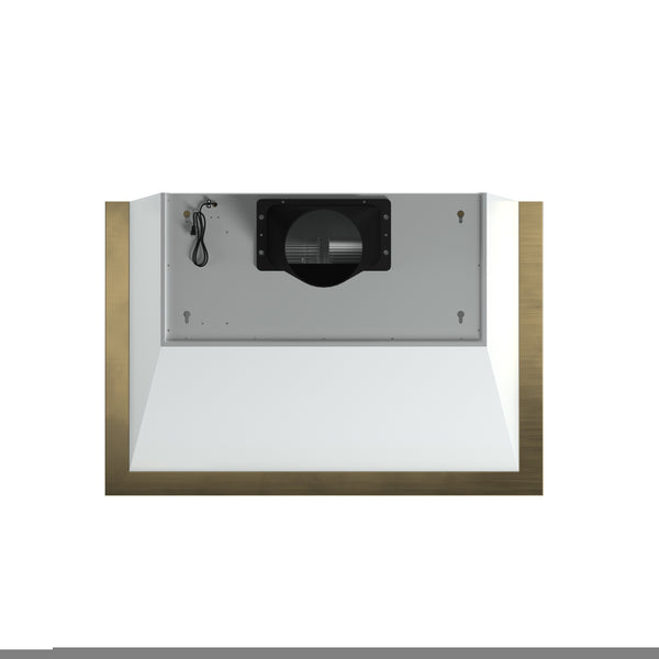 Forno Vittorio 36-Inch Wall Mount Range Hood, White with Antique Brass Trim, 424 CFM Airflow, Dishwasher-Safe Baffle Filters, Remote Control, 3-Speed Fan, Bright LED Lighting.