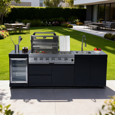 Cherylife NG 98-Inch 4-Burner 72,000 BTU Natural Gas Grill Island – Outdoor Kitchen with Wine Cooler, Refrigerator, Rotisserie, Stainless Steel Countertop & Storage