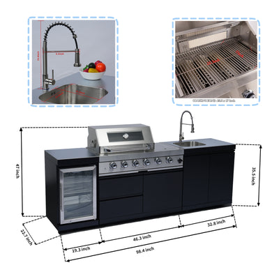 Cherylife NG 98-Inch 4-Burner 72,000 BTU Natural Gas Grill Island – Outdoor Kitchen with Wine Cooler, Refrigerator, Rotisserie, Stainless Steel Countertop & Storage