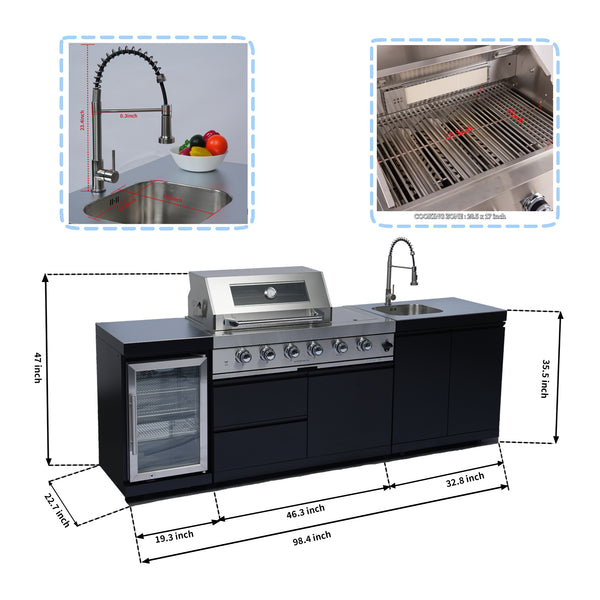 Cherylife 98-Inch 4-Burner 72,000 BTU Gas Grill Island – Outdoor Kitchen with Refrigerator, Wine Cooler, Rotisserie, Stainless Steel Countertop & Storage