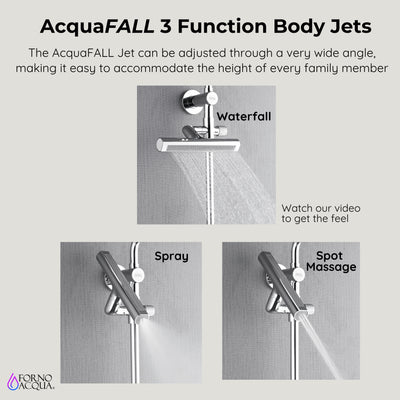 Forno Acqua AcquaFALL Shower, Polished Stainless Steel Finish, Overhead Rainfall Shower, 7 Way Diverter, Handheld Shower Head, Body Jets, 1.8 GPM Flow Rate