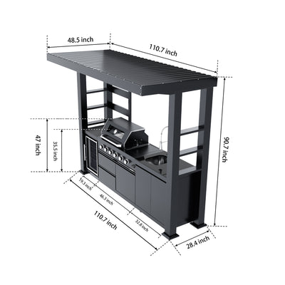 Cherylife NG 110-Inch 4-Burner 72,000 BTU Natural Gas Grill Island – Outdoor Kitchen with Wine Cooler, Compact Refrigerator, Rotisserie, Granite Countertops & Storage