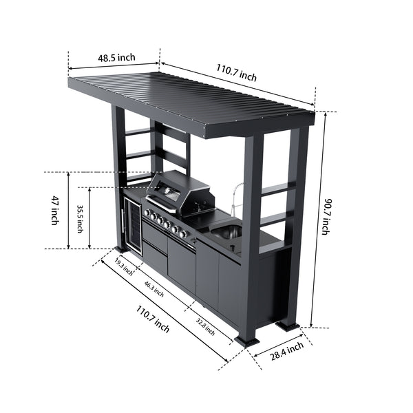 Cherylife NG 110-Inch 4-Burner 72,000 BTU Natural Gas Grill Island – Outdoor Kitchen with Wine Cooler, Compact Refrigerator, Rotisserie, Granite Countertops & Storage