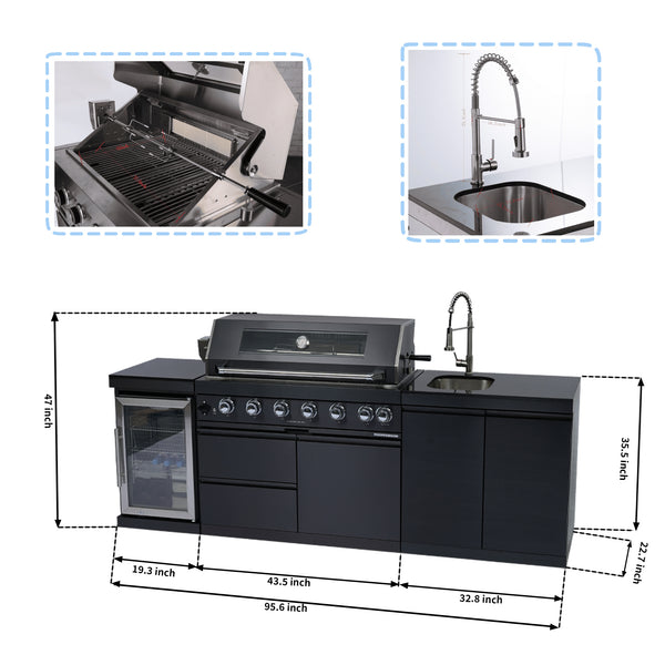 CheryLife 43-Inch 6-Burner 85000 BTU Deluxe Stainless Steel Gas Outdoor Kitchen Bar Barbecue Island Grill + Wine Cooler Compact Refrigerator + Rotisserie kit + Granite Countertops + Stainless steel Sink