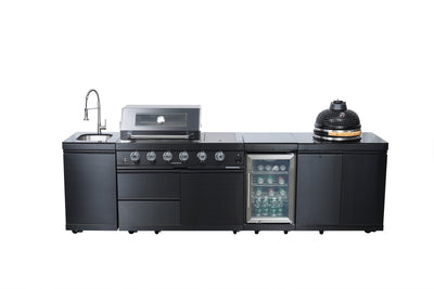 Cherylife SC2430A 118-Inch 72,000 BTU Gas Grill Island with 18" Kamado Charcoal Grill – Outdoor Kitchen with Wine Cooler, Refrigerator, Rotisserie, Granite Countertops & Storage