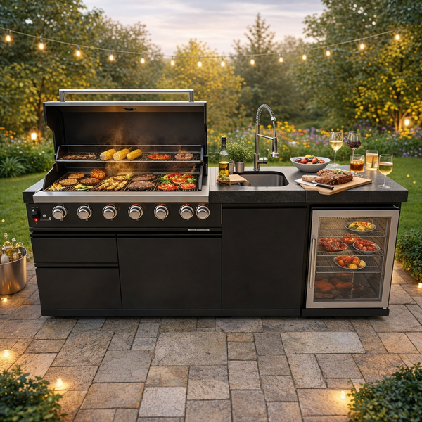 CheryLife 82-Inch 6-Burner 85000 BTU Propane Gas Outdoor Kitchen Island Grill – All-in-One Prefab BBQ Station with Wine Cooler, Compact Refrigerator, Rotisserie Kit, Granite Countertops & Stainless Steel Sink