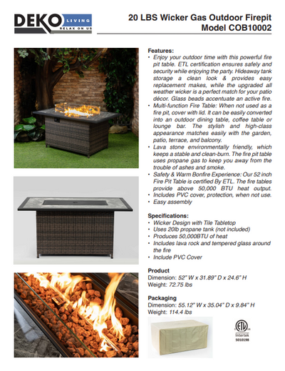 52 Inch Rectangular Outdoor Propane Gas Fire Pit Table 50,000 BTU Heater with Lava Rock Filler