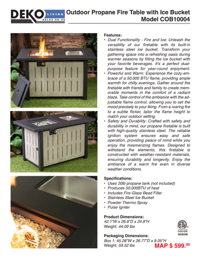42 Inch Rectangular Outdoor Propane Gas Fire Pit Table 50,000 BTU Heater with Glass Bead Filler and Ice Bucket