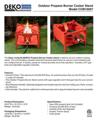 Outdoor Square Propane Gas Burner Cooker Stand 65,000 BTU with Hose and Regulator