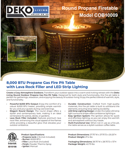Round Outdoor Propane Gas Fire Pit Table 8,000 BTU Propane with Lava Rock Filler