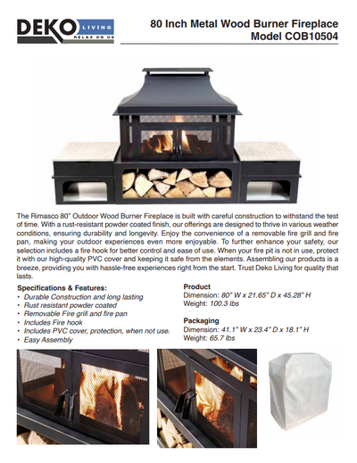 80 Inch Rectangular Outdoor Steel Wood Burning Fireplace with Log Storage, Poker and Side Tables