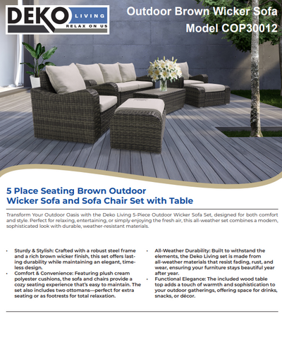 5 Place Seating Brown Outdoor Wicker Sofa and Sofa Chair Set with Table