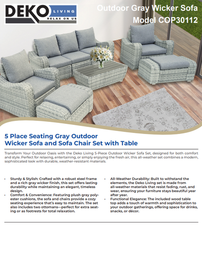 5 Place Seating Gray Outdoor Wicker Sofa and Sofa Chair Set with Table