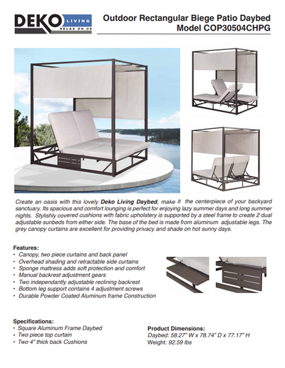2 Place Outdoor Aluminum Rectangular Patio Daybed with Retractable Beige Textilene Fabric Canopy