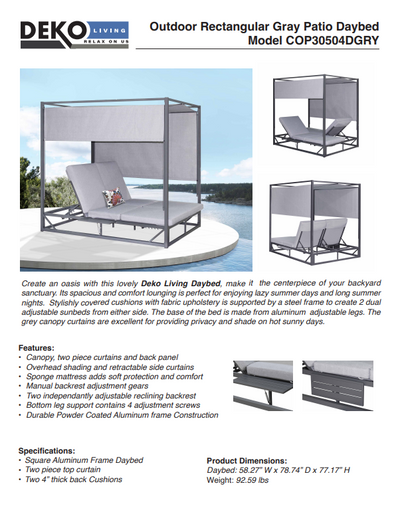 2 Place Outdoor Aluminum Rectangular Patio Daybed with Retractable Gray Textilene Fabric Canopy