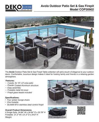 4 Place Seating Avola Outdoor Aluminum Conversation Set with Cushioned Sofa Chairs and Propane Gas Firepit Table