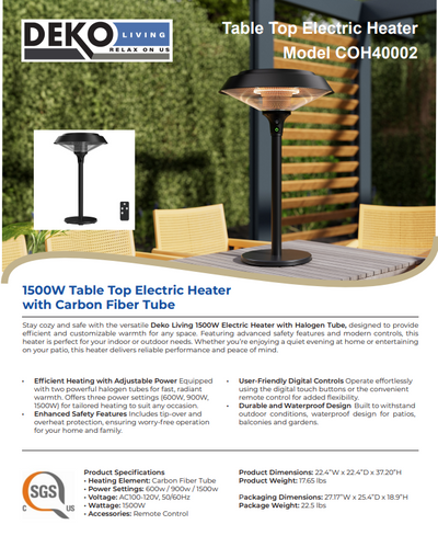 1500W Table Top Electric Heater with Carbon Fiber Tube
