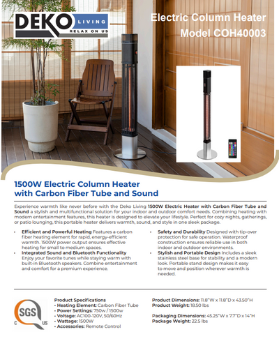 1500W Electric Column Heater with Halogen Tube