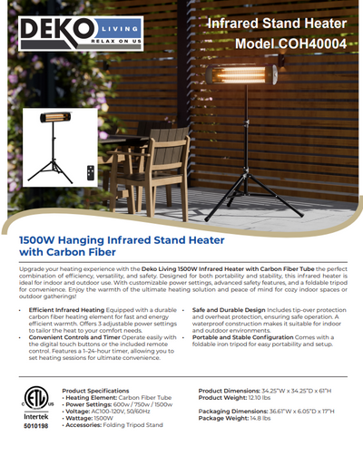 1500W Hanging Infrared Stand Heater with Carbon Fiber