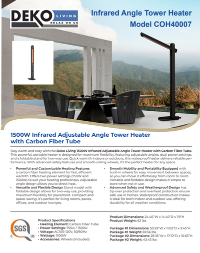 1500W Infrared Adjustable Angle Tower Heater with Carbon Fiber Tube
