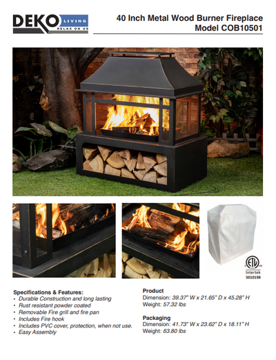 40 Inch Rectangular Outdoor Metal Wood Burning Fireplace with Log Storage and Poker