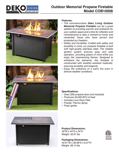 40 Inch Rectangular Commemorative Outdoor Propane Gas Fire Pit Table 50,000 BTU Propane with Lava Rock Filler