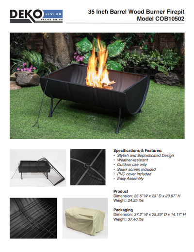 35 Inch Rectangular Outdoor Metal Wood Burning Barrel Firepit with Screen Lid and Poker