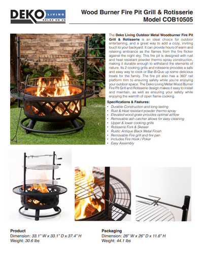 33 Inch Diameter Outdoor Steel Wood Burning Fire Pit with 2 Cooking Grills, Rotisserie and Poker