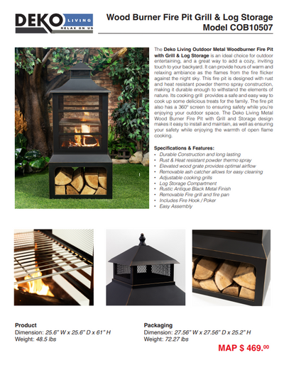 26" Square Outdoor Steel Wood Burning Fireplace with Cast Iron Cooking Grill, Log Storage and Poker