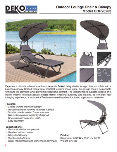 Outdoor Cushioned Chaise Lounge with Canopy and Headrest Pillow