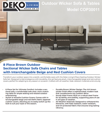 8 Piece Brown Outdoor Sectional Wicker Sofa Chairs and Tableswith Interchangable Beige and Red Cushion Covers