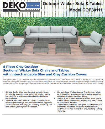8 Piece Gray Outdoor Sectional Wicker Sofa Chairs and Tableswith Interchangable Blue and Gray Cushion Covers