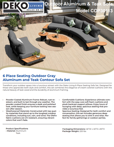 6 Place Seating Outdoor Gray Aluminum and Teak Contour Sofa Set