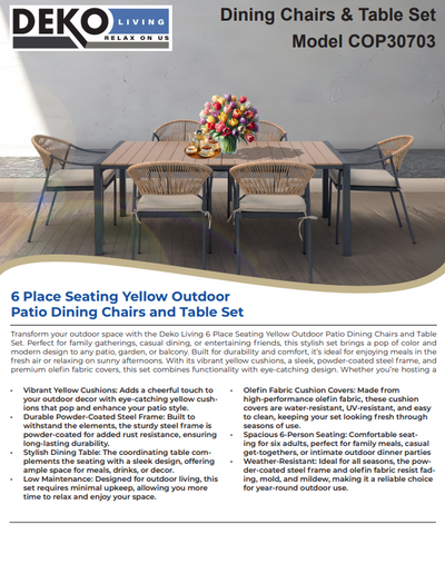 6 Place Seating Yellow Outdoor Patio Dining Chairs and Table Set