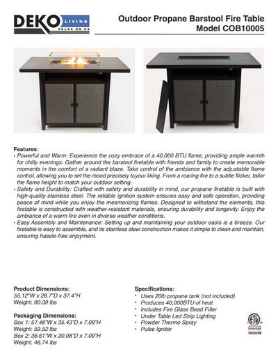 55 Inch Rectangular Outdoor Propane Gas Fire Pit Barstool Table 40,000 BTU with Glass Bead Filler