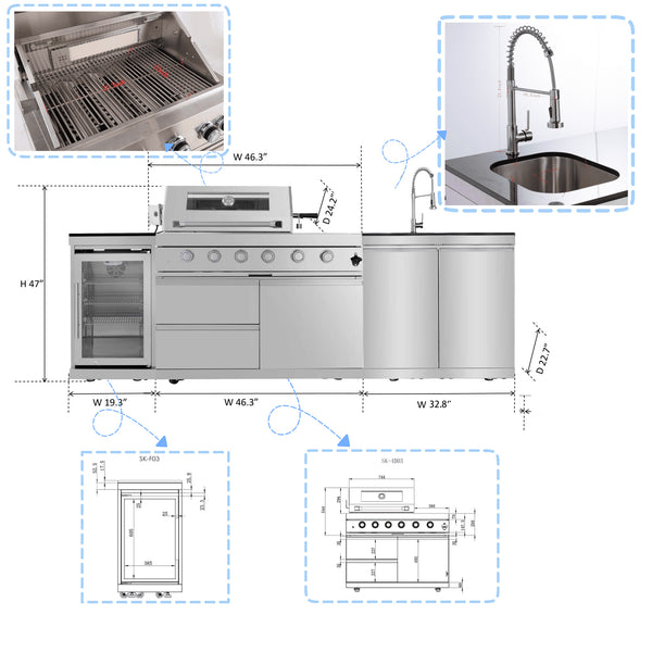 Cherylife 85-Inch 4-Burner 72,000 BTU Gas Grill Island – Outdoor Kitchen with Wine Cooler, Refrigerator, Rotisserie, Granite Countertops & Storage